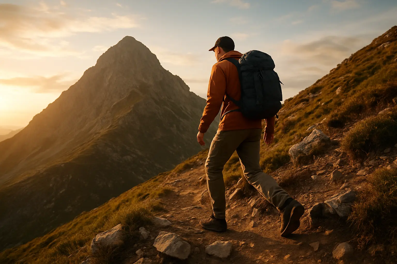 A lone hiker climbs a steep mountain trail at sunrise, symbolizing resilience and determination in the face of life’s challenges.